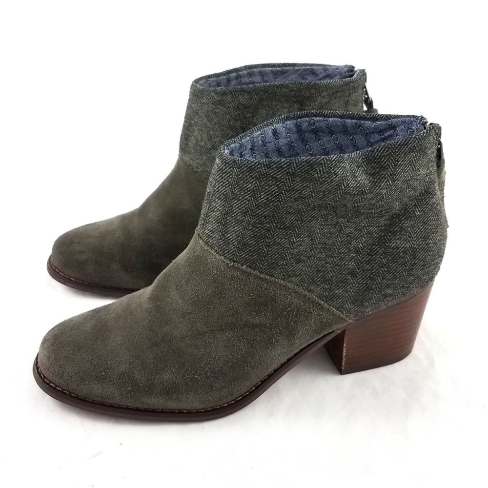 Toms Leila Olive Gray Suede Herringbone Ankle Boots Booties Heels Zip Women 11